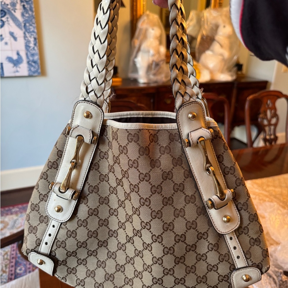 Gucci Cream and Brown Monogram Shoulder Bag with Braided Handles